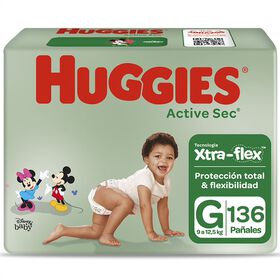 Pañales Huggies Active Sec Xtra Flex Pack 136 Un (2 paq. x 68 un). Talla G
